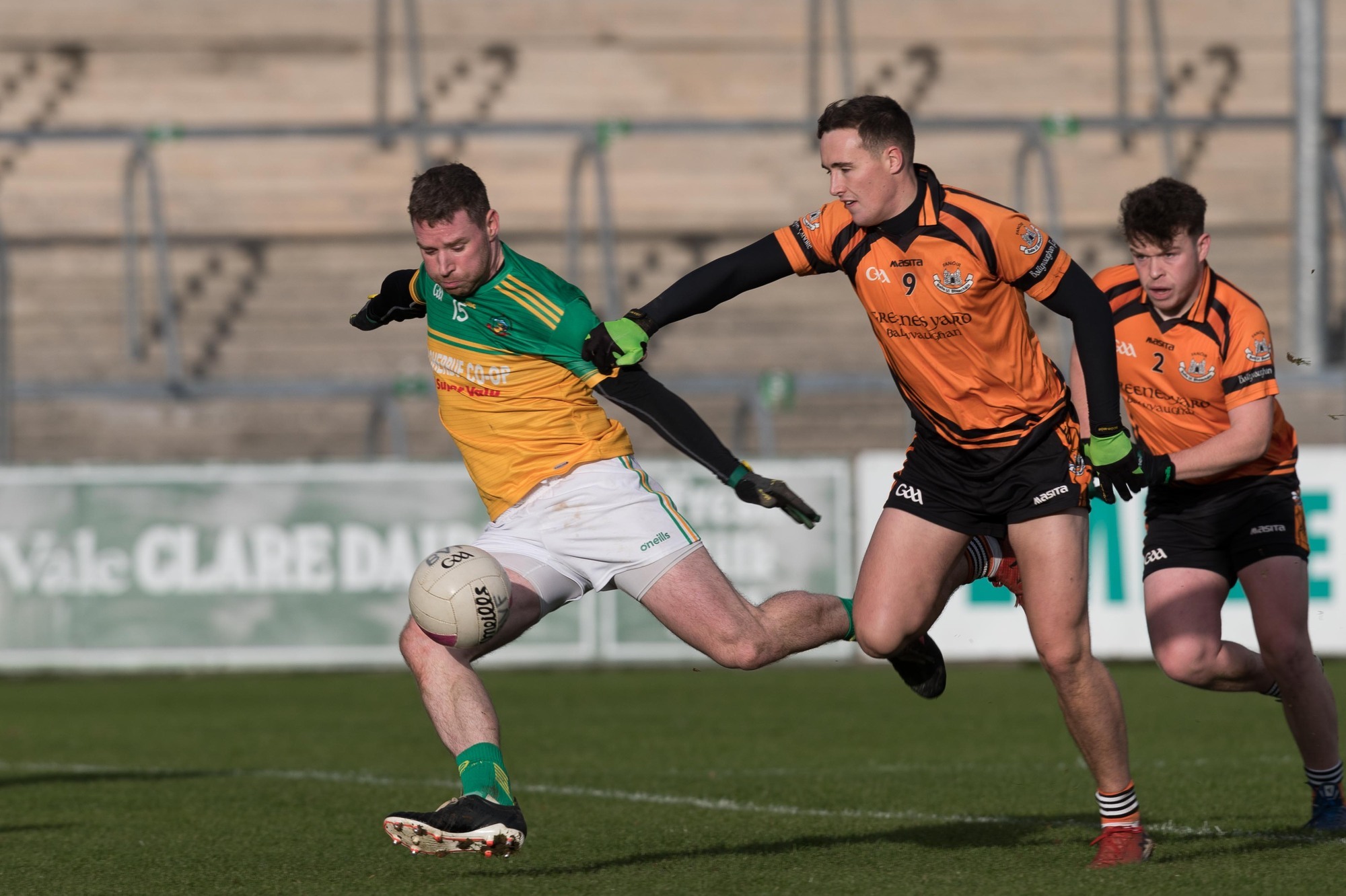 Boherbue's Jerry O'Connor and Ballyvaughan's Joseph Flanagan and Jonah Culligan in action during the Munster JFC clash. Picture: Eamon Ward
