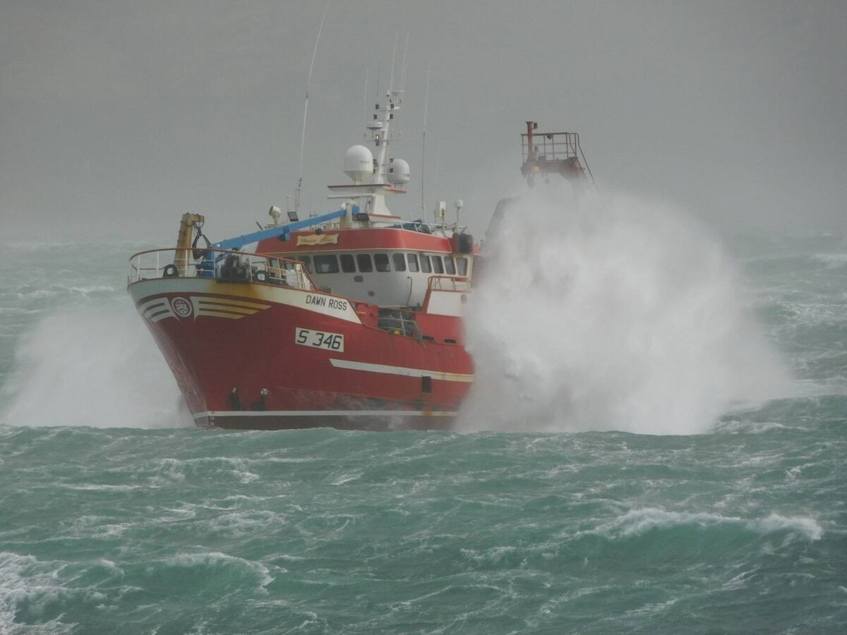 Irish Fishing vessel Dawn Ross making for Castletownbere during Storm Barra. Photo: Twitter/Damien McCallig