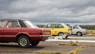 <p>Top Gear: presenters Paddy McGuinness, Freddie Flintoff and Chris Harris by driving a Ford Cortina, Ford Fiesta and a 1980 BMW 323i </p>