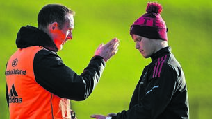 <p class="contextmenu internal_Caption">TALKING TACTICS: Academy manager Ian Costello, left, makes a point to Ethan Coughlan during Munster squad training at University of Limerick. Picture: Brendan Moran/Sportsfile</p>
