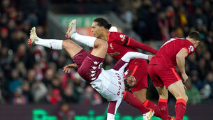 <p>Liverpool's James Milner (right) and Aston Villa's Emiliano Buendia battle for the ball during the Premier League match at Anfield, Liverpool. Picture: Nick Potts/PA Wire </p>