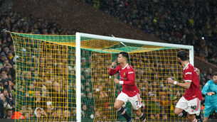 <p>Manchester United's Cristiano Ronaldo (left) celebrates scoring their side's goal.</p>