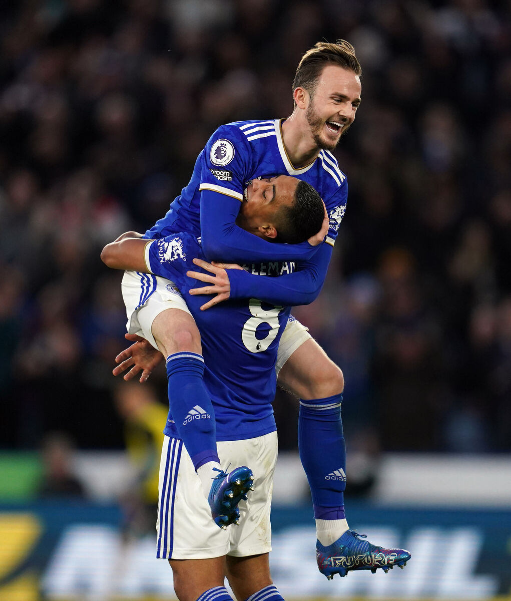 Leicester City's Youri Tielemans celebrates scoring the third goal with team mate James Maddison
