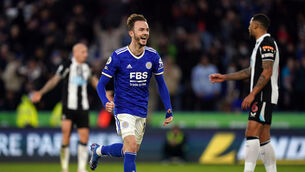 <p>Leicester City's James Maddison celebrates the third goal scored by team mate Youri Tielemans. Picture: Nick Potts/PA</p>