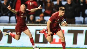 <p>Patrick Campbell of Munster goes over for their sides' second try. Picture: David Rogers/Getty Images</p>