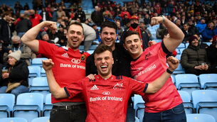 <p>Supporters, from Limerick, James O'Riordan, Conor Lenihan, Kevin O'Connor and Rory Cunningham, before the Heineken Champions Cup match between Wasps and Munster. at Coventry Building Society Arena. Picture: Stephen McCarthy/Sportsfile</p>