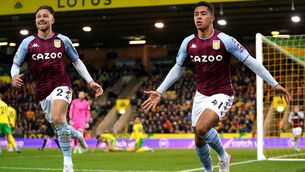<p>Jacob Ramsey celebrates after opening the scoring for Aston Villa at Norwich (Joe Giddens/PA)</p>