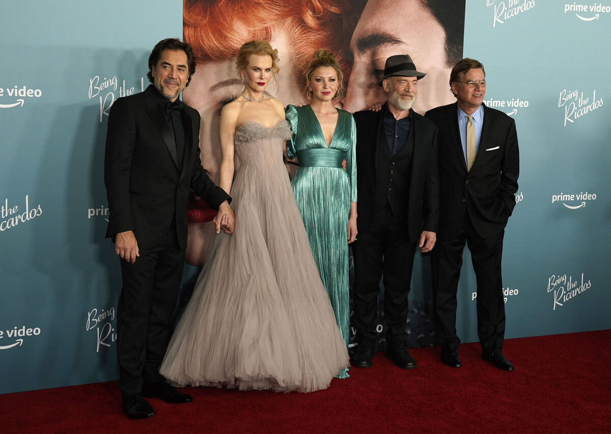 Aaron Sorkin, far right, writer/director of 'Being the Ricardos', with cast members, from left, Javier Bardem, Nicole Kidman, Nina Arianda and JK Simmons at the premiere of the film, Monday, Dec. 6, 2021, at The Academy Museum in Los Angeles. Picture: AP Photo/Chris Pizzello Aaron Sorkin, far right, writer/director of 'Being the Ricardos', with cast members, from left, Javier Bardem, Nicole Kidman, Nina Arianda and JK Simmons at the premiere of the film, Monday, Dec. 6, 2021, at The Academy Museum in Los Angeles. Picture: AP Photo/Chris Pizzello