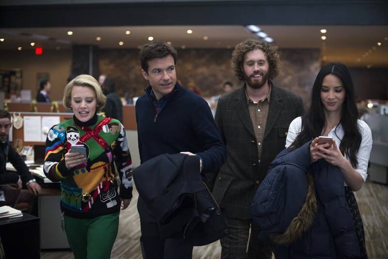 Kate McKinnon as Mary Winetoss, Jason Bateman as Josh Parker, TJ Miller as Clay Vanstone, Olivia Munn as Tracey Hughes in Office Christmas Party