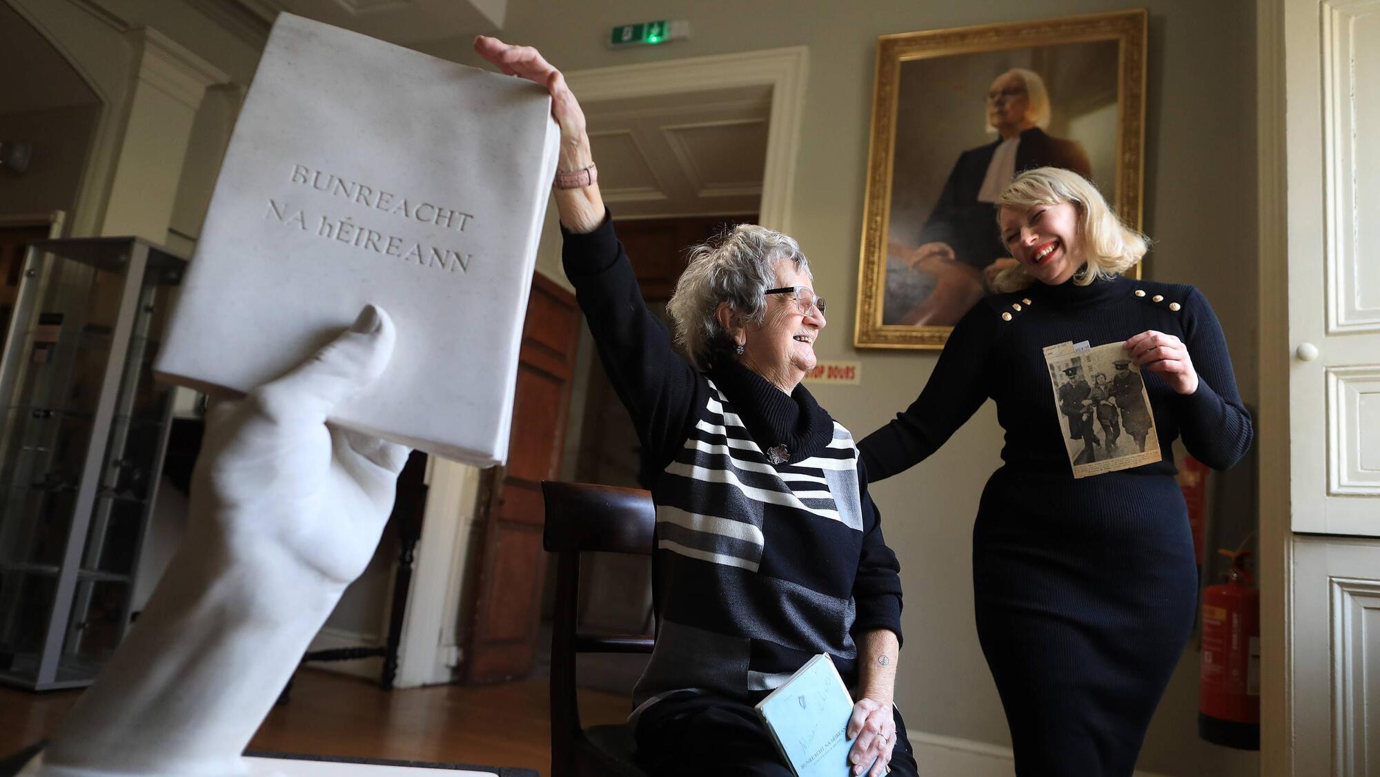 Máirin de Burca and artist Jesse Jones with a new piece, The Left Arm of Commerce, unveiled at King’s Inn in Dublin. Picture: Julien Behal 