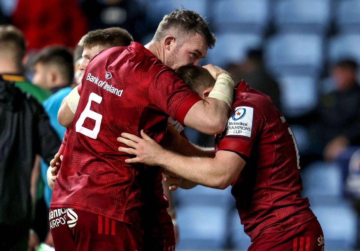 LEADER: O’Mahony celebrates with Andrew Conway. LEADER: O’Mahony celebrates with Andrew Conway.