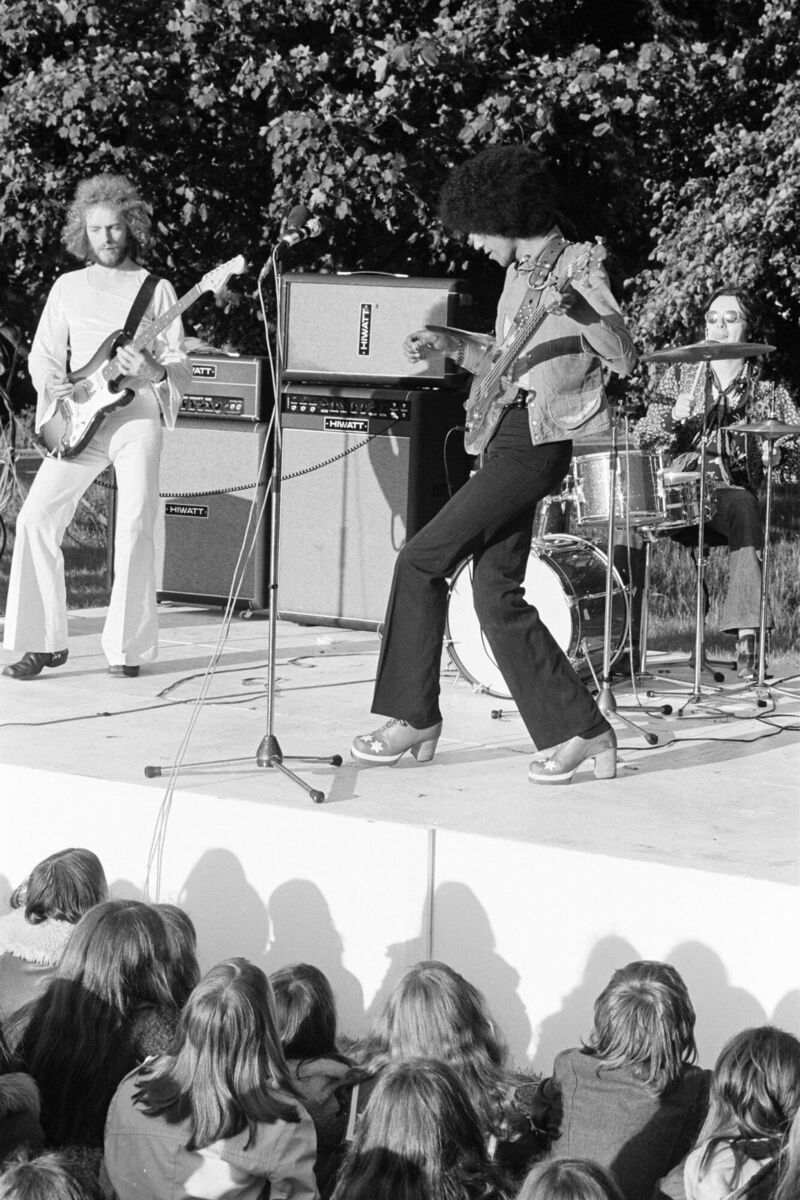 Irish rock band Thin Lizzy perform on stage (1973)