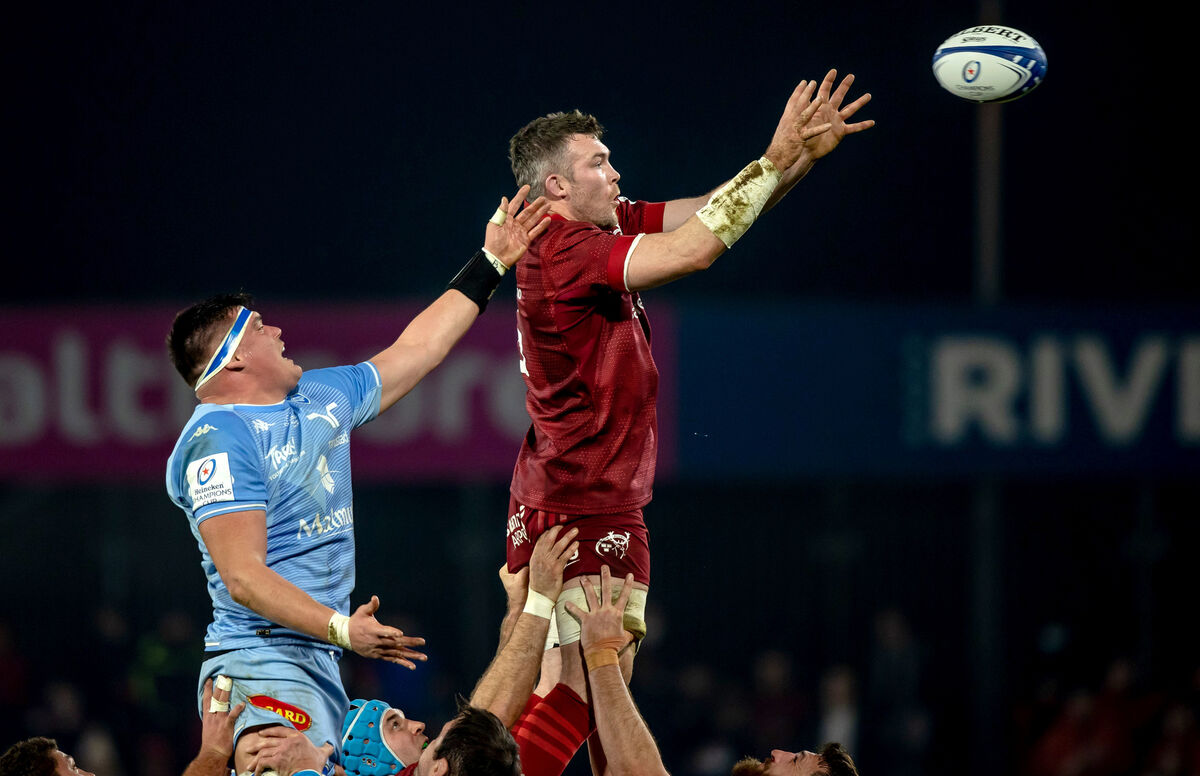 ON TOP: Munster’s Peter O’Mahony with Theo Hannoyer of Castres Olympique
