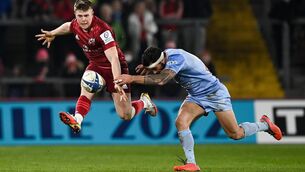 <p>FLY KICK: Munster rookie Patrick Campbell clears downfield despite pressure from Castres' Pierre Aguillon on Saturday at Thomond Park. </p>