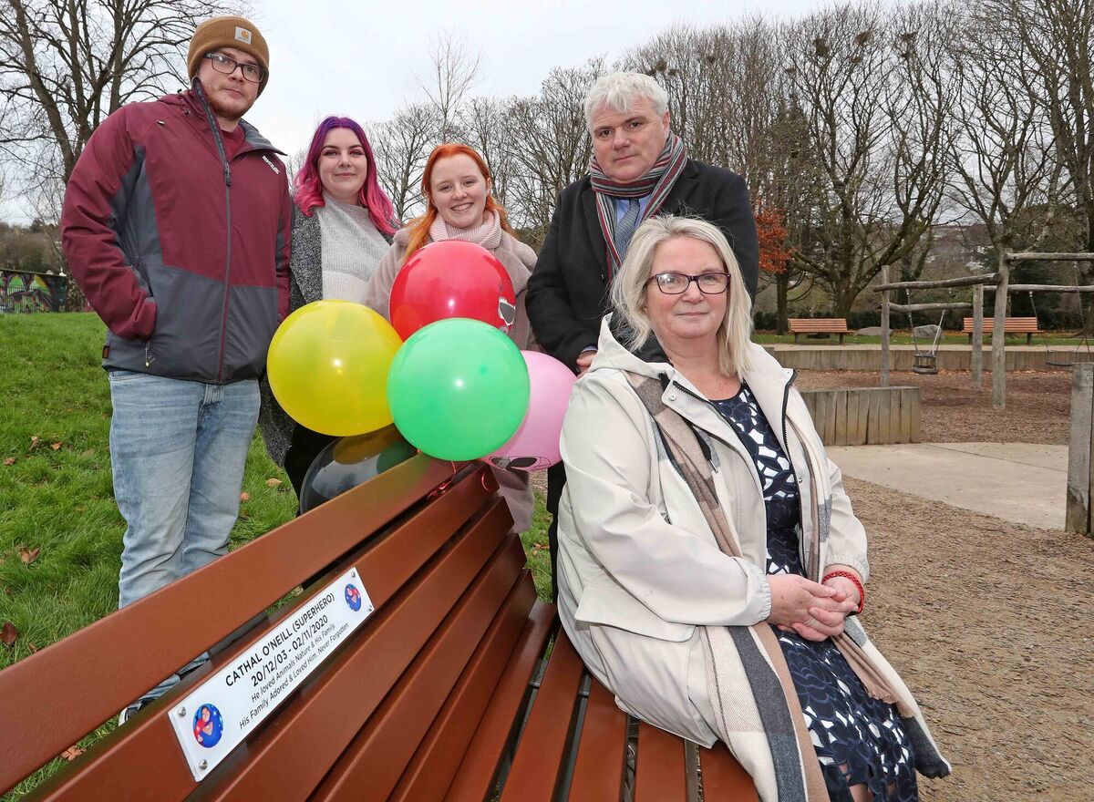 (Left to right) Cathal's family, Terry, Sarah, Ciara, Terry and Pauline O'Neill at today's unveiling. Pauline said: “The park and the playground is our happy place." Picture: Jim Coughlan