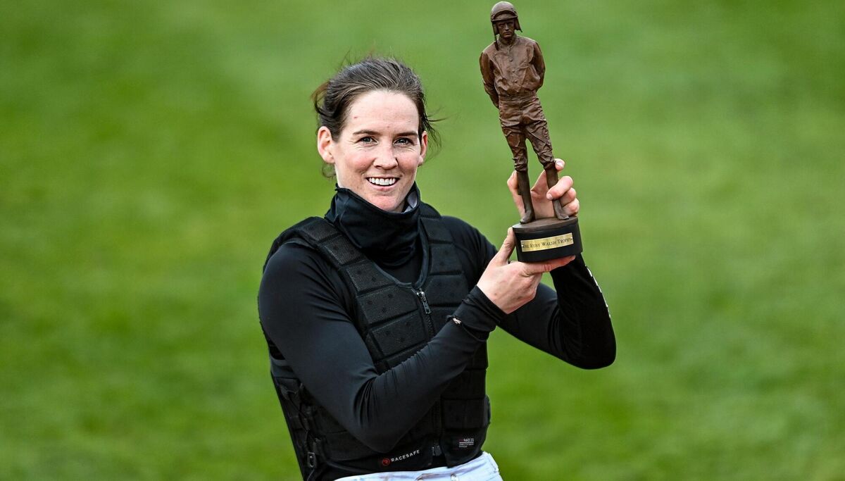Jockey Rachael Blackmore with the 'Ruby Walsh Trophy' after being confirmed as the leading jockey at the Cheltenham Racing Festival. Picture: Hugh Routledge/Sportsfile