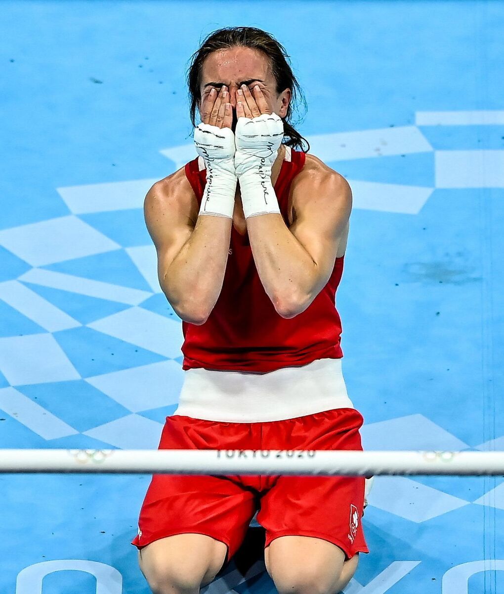 Kellie Harrington of Ireland reacts after defeating Beatriz Ferreira of Brazil