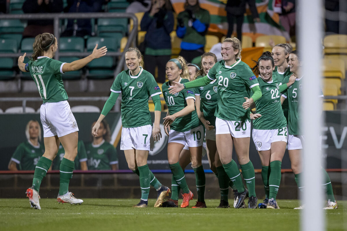 Republic of Ireland players celebrate with goalscorer Saoirse Noonan during the win over Georgia. Picture: INPHO/Morgan Treacy