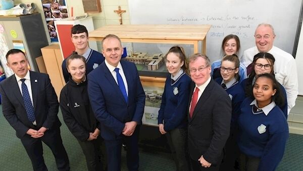 Councillor Damian Boylan, Scoil Muire gan Smal, Blarney student council members, Education Minister Joe McHugh, Senator Colm Burke and principal Padraig Sheehan on a visit to the Co Cork school.
