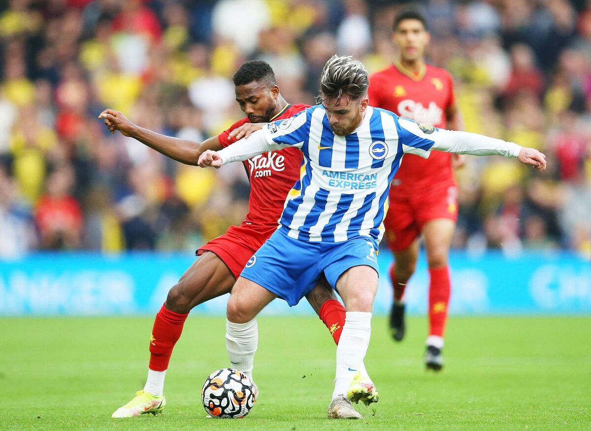 Aaron Connolly of Brighton &amp; Hove Albion is challenged by Emmanuel Dennis of Watford. Picture: Steve Bardens