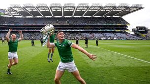 <p>JOLLY GREEN GIANT: Kyle Hayes celebrates with the Liam MacCarthy Cup after Limerick’s All-Ireland SHC final mauling of Cork at Croke Park in August. <span class="contextmenu emphasis CaptionCredit">Picture: Stephen McCarthy/Sportsfile</span>
            </p>