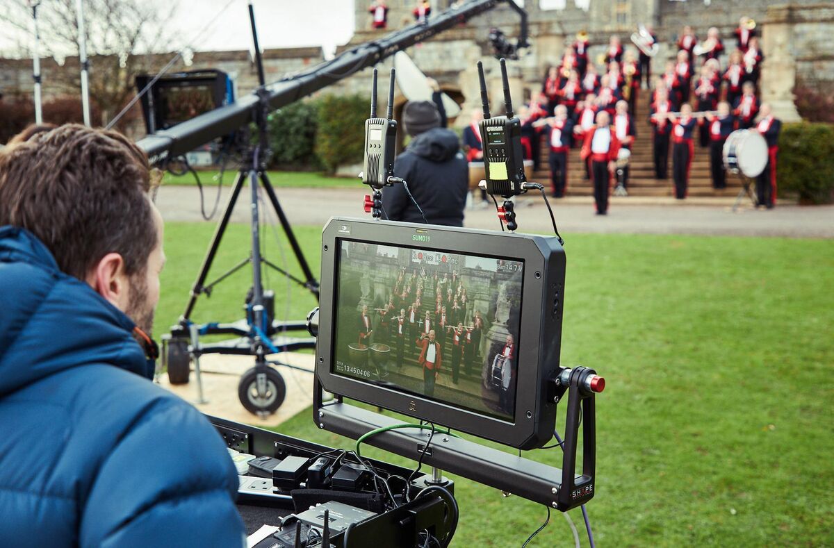The Central Band of the Royal British Legion recording a segment for The Queen's Christmas Broadcast in the grounds of Windsor Castle. Picture: ITN/PA Wire