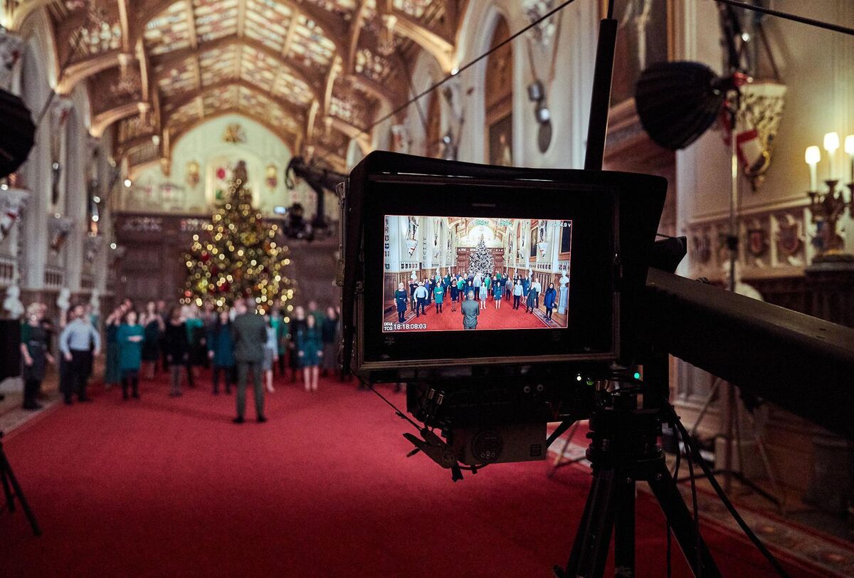 The Singology Community Choir recording a segment for The Queen's Christmas Broadcast inside St George's Hall in Windsor Castle. Picture: ITN/PA Wire