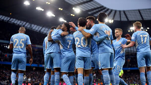 <p>Manchester City's Raheem Sterling celebrates scoring their side's fourth goal of the game</p>