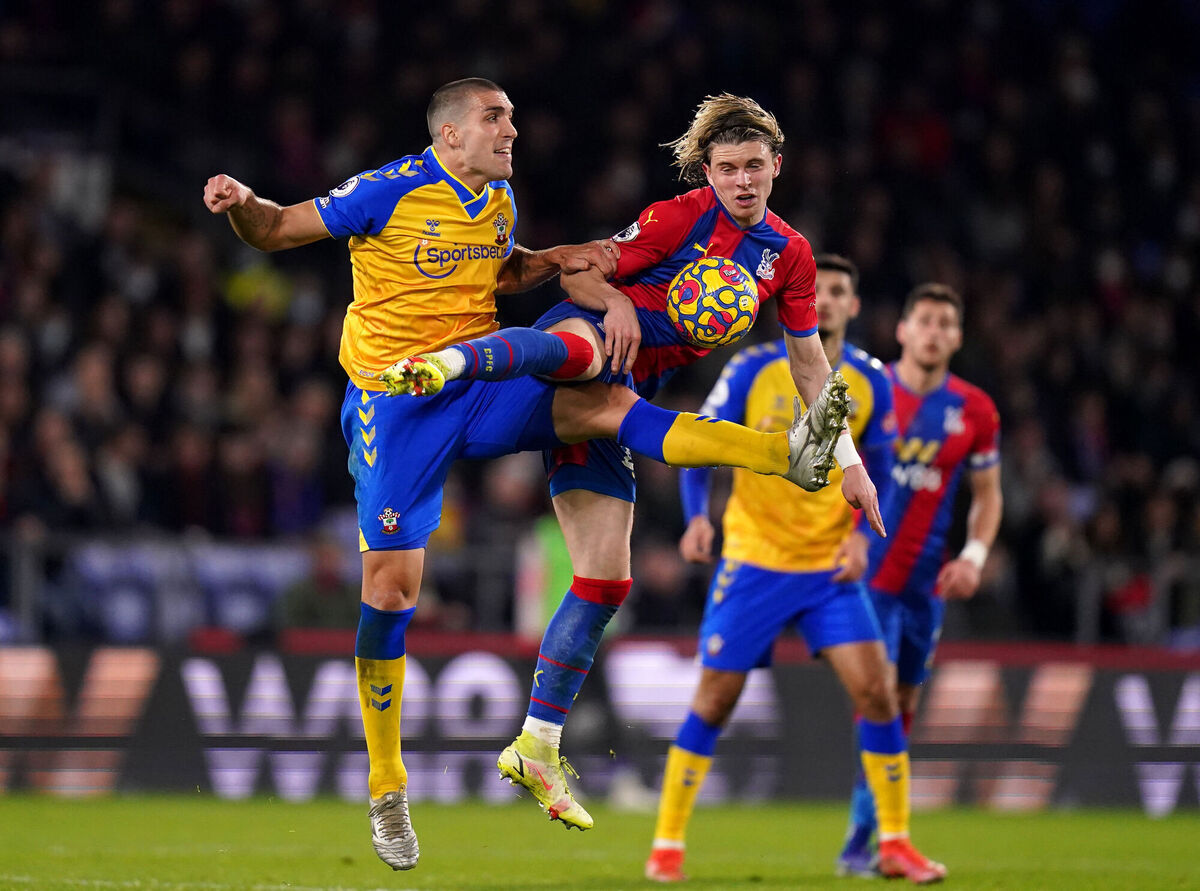Crystal Palace's Conor Gallagher (right) and Southampton's Oriol Romeu battle for the ball during their Premier League match at Selhurst Park, London. Picture: Adam Davy/PA