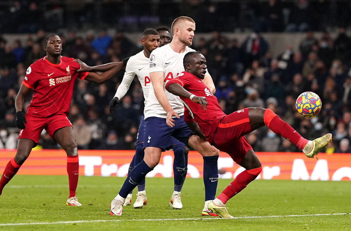 Liverpool's Sadio Mane (right) shots wide of the goal during the Premier League match at the Tottenham Hotspur Stadium, London. Picture: Adam Davy/PA