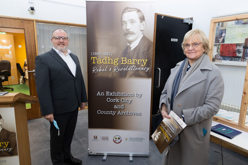 (Left to right) Brian McGee, Senior Archivist Cork City Council, and Tadhg Barry's grand niece Brenda Corcoran at the launch of the Tadhg Barry exhibition at the Cork City &amp; County Archives in November. Mr Barry was the last high-profile victim of the Crown forces in the Irish war of independence. Photo: Darragh Kane