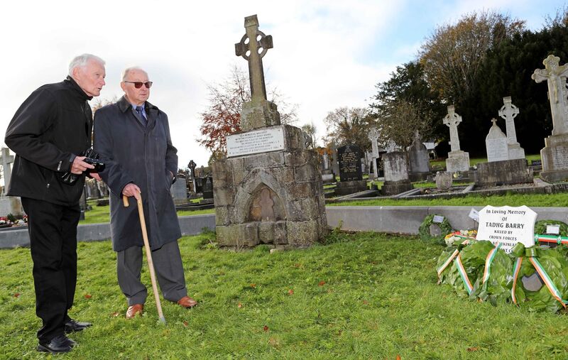 (Left to right) Brendan O'Shea and Barry O'Shea, grand nephews of Tadhg Barry at a special ceremony in commemoration of Tadhg Barry, at St. Finbarrs Cemetery, Cork, recently. Photo: Jim Coughlan.