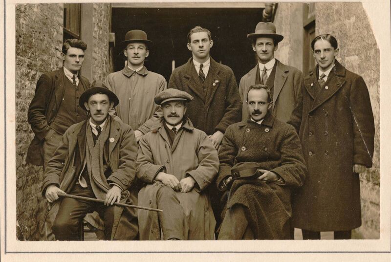 Tadhg Barry with a group of fellow officers of the Cork Brigade Irish Volunteers, at the Freeman’s Journal offices in Dublin, 1915. Front row (left to right): Tadhg Barry, Tomás MacCurtain, Pat Higgins; back row (left to right): David Cotter, Seán Murphy, Donal Barrett, Terence MacSwiney, Paddy Trahey. Photo: Cork Public Museum