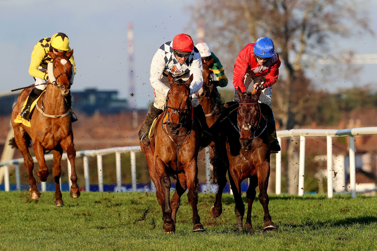 Galvin ridden by Davy Russell (rad cap) and A Plus Tard ridden by Rachel Blackmore (blue cap) in the closing stages of the race. Picture: INPHO/Bryan Keane