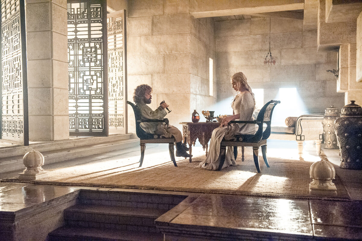 Games of Thrones, Series 5 Episode 8 "Hardhome" Peter Dinklage as Tyrion Lannister and Emilia Clarke as Daenerys Targaryen
