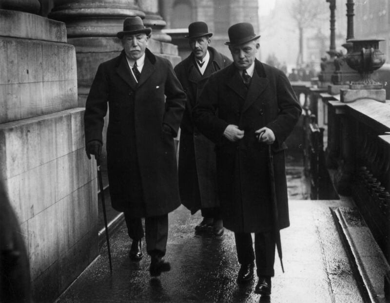 (Left to right) Unionist MP and the first prime minister of Northern Ireland James Craig, Colonel Spencer and Captain Nixon entering a conference with Michael Collins at City Hall, Dublin, on February 1, 1922. As one of the few TDs who represented a constituency in the six counties, Collins was better placed than most to appreciate the scale of the threat posed by state and non-state forces loyal to the unionist leadership. Photo: Walshe/Topical Press Agency/Getty Images