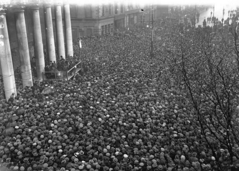 Michael Collins addresses a gathering in March 1922 at College Green in Dublin after the signing of the Treaty. For all the unalloyed joy that had welcomed the silencing of the guns, Collins knew that this new, political, phase of the voyage had plenty of submerged rocks upon which the ship of the Republic could run aground. Photo: Walshe/Topical Press Agency/Getty Images