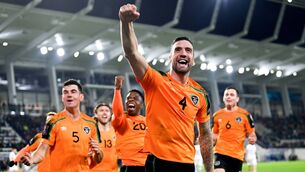 <p>Ireland’s Shane Duffy celebrates after scoring his side’s first goal during the World Cup quualifier against Luxembourg at Stade de Luxembourg in Luxembourg. <span class="contextmenu emphasis CaptionCredit">Picture: Stephen McCarthy/Sportsfile</span>
            </p>
