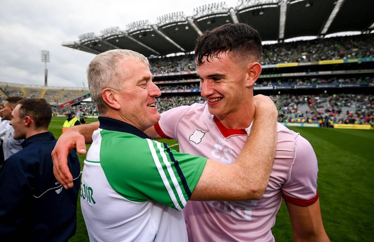 THAT’S MY BOY: Limerick manager John Kiely celebrates with Colin Coughlan after their All-Ireland SHC final win over Cork. Pic: Stephen McCarthy, Sportsfile
                    
