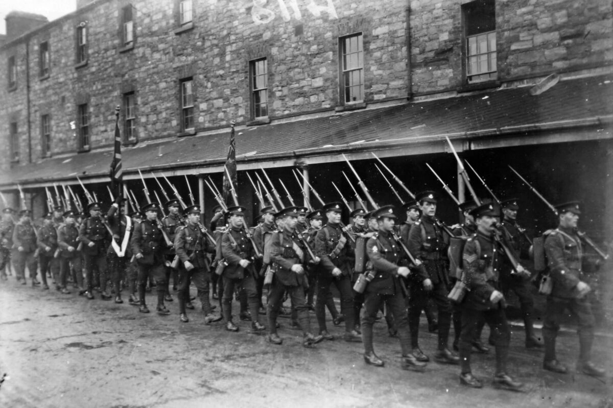 British troops preparing to march to the North Wall docks to board their transport ship. Picture: Independent News And Media/Getty Images British troops preparing to march to the North Wall docks to board their transport ship. Picture: Independent News And Media/Getty Images