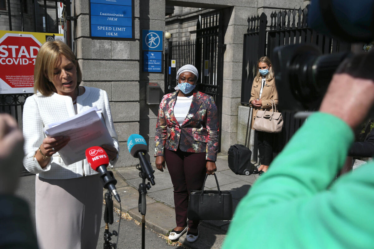 Solicitor Emma Meagher Neville with Ganiyat Kuye, the mother of Kameela Kuye, from Carrigaline, Co Cork, speaking to media last April after the High Court approved a settlement of €23.5m.