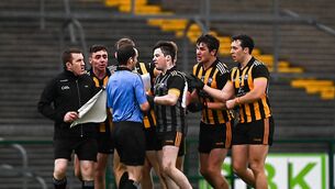 <p>Mountbellew/Moylough players confront referee Jerome Henry after the AIB Connacht Club SFC semi-final defeat to Pádraig Pearses at Dr Hyde Park in Roscommon. </p>