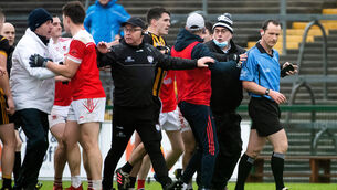 <p>Referee Jerome Henry outlined the abuse he said he suffered directly after he blew the full-time whistle after he was surrounded by irate Mountbellew-Moylough players. Picture: INPHO/Evan Logan</p>