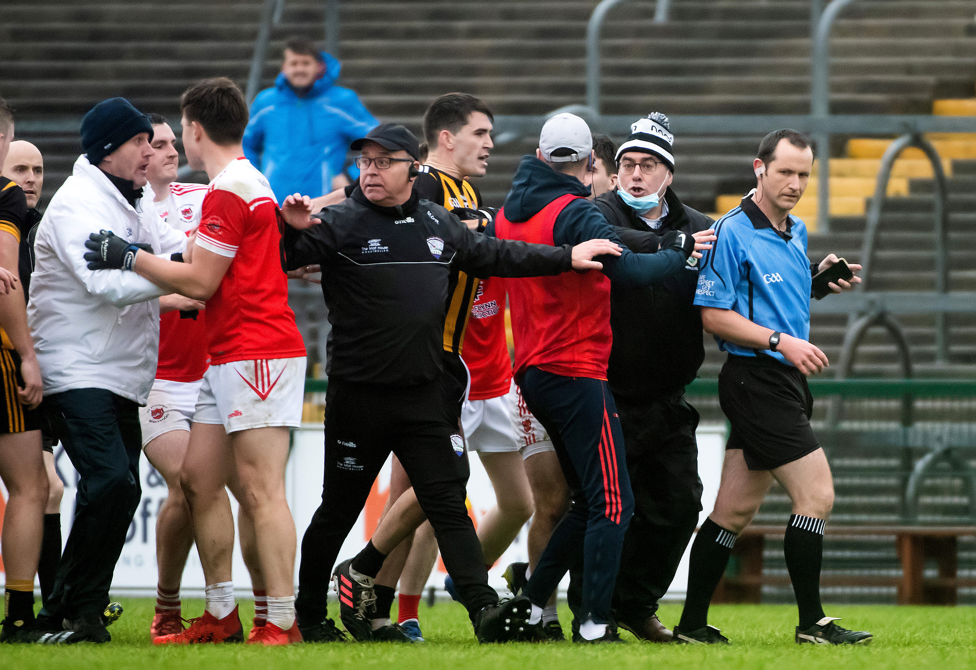 Referee Jerome Henry outlined the abuse he said he suffered directly after he blew the full-time whistle after he was surrounded by irate Mountbellew-Moylough players. Picture: INPHO/Evan Logan