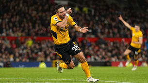 <p>Joao Moutinho celebrates scoring for Wolves at Old Trafford. Picture: Martin Rickett</p>