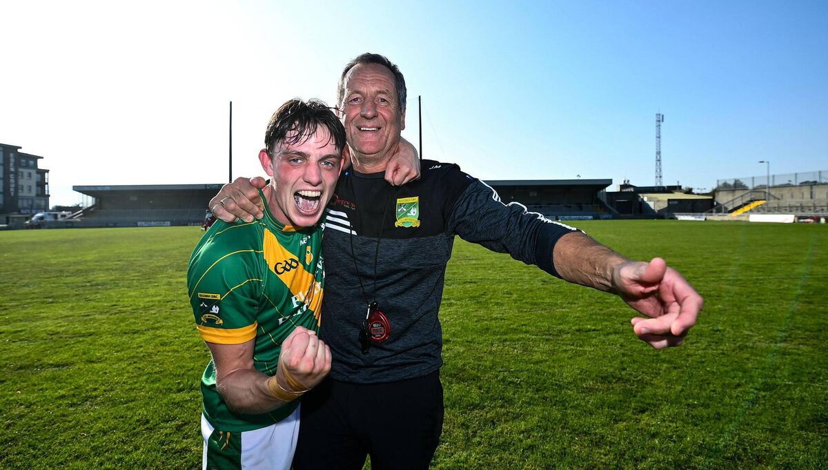 Matthew O'Flaherty of Kilmoyley celebrates with manager John Meyler following the Kerry SHC final win over Causeway. Picture: David Fitzgerald/Sportsfile