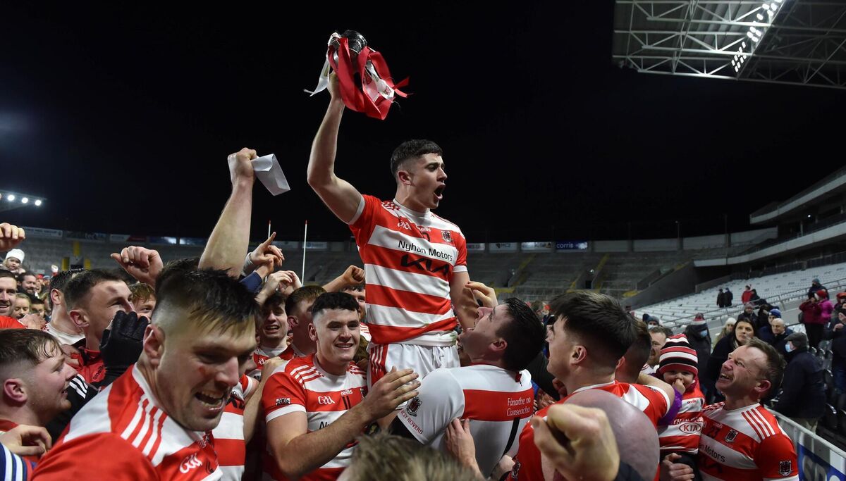 Courcey Rovers captain Tadhg O'Sullivan and players celebrate after defeating Castlelyons in the Cork Premier IHC. Picture: Eddie O'Hare