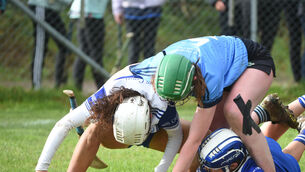 <p> Eimear O'Reilly and Rebecca Quigley battle for possession in the Munster Camogie Senior Club Championship semi-final between Inniscarra and Scariff Ogonnelloe at Ballyanley. Picture: Larry Cummins</p>