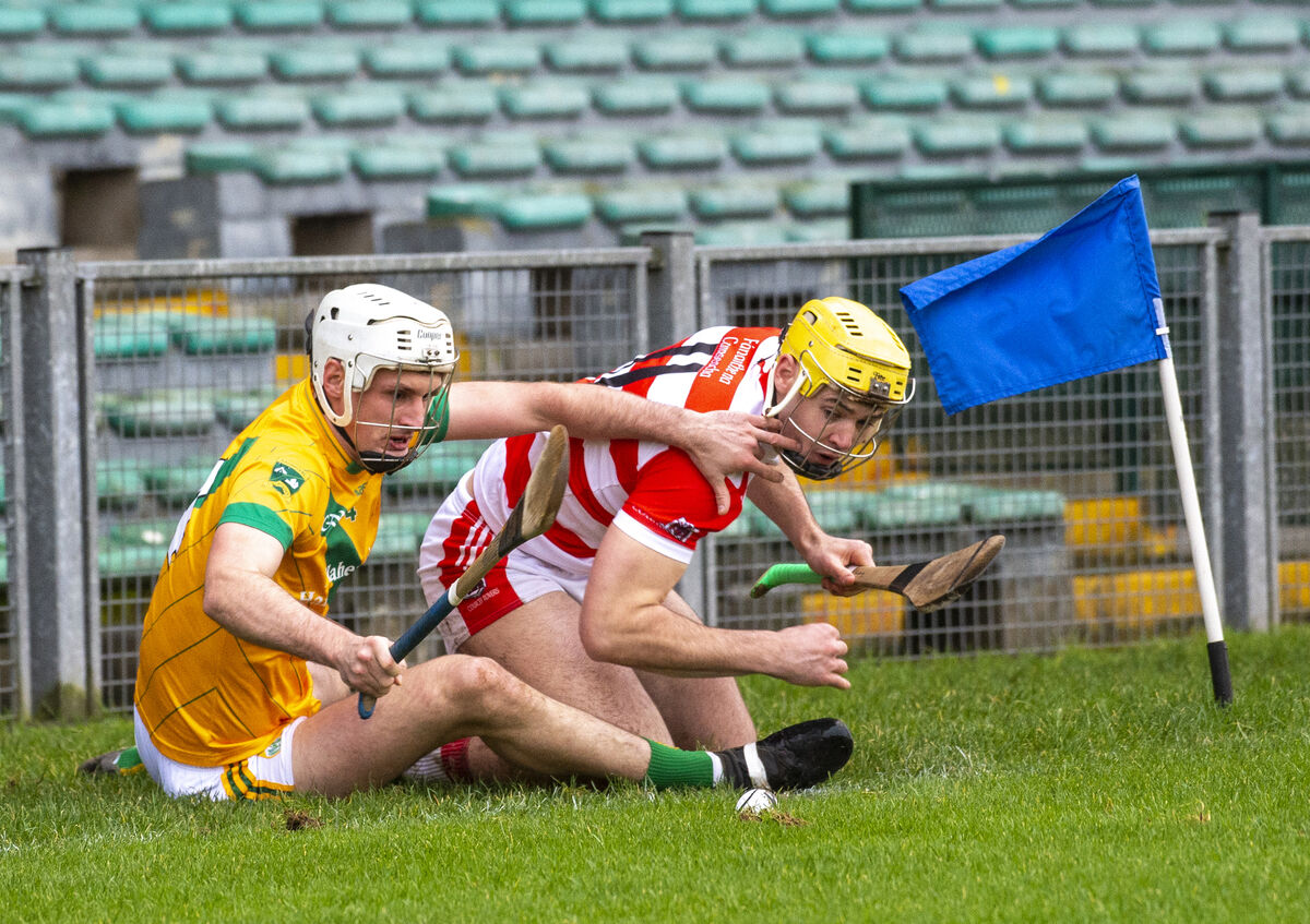  Sean Twomey (right), Courcey Rovers, on the ground fighting for this breaking ball with Flor McCarthy, Kilmoyley, in the Munster Club IHC final at the Gaelic Grounds, Limerick. Picture: Dan Linehan