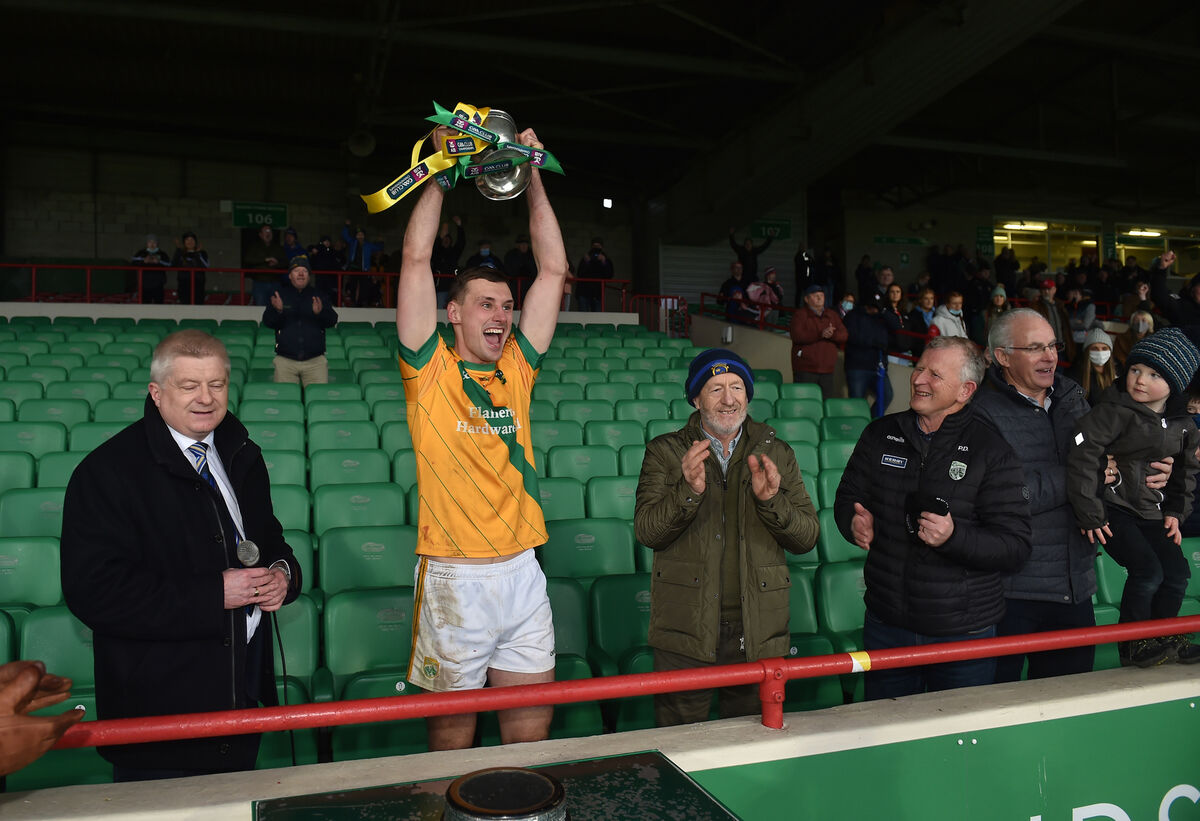  Kilmoyley captain Flor McCarthy holds the trophy aloft after their victory over Courcey Rovers in the Munster Club IHC final at the Gaelic Grounds, Limerick. Picture: Dan Linehan